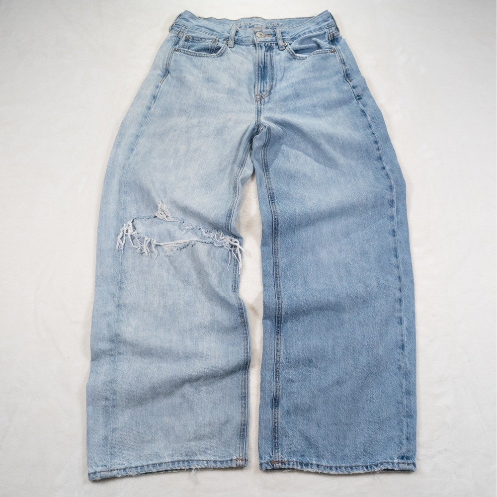 American Eagle Skater Jeans Women 4 Blue Y2K Wide Leg Baggy Distressed Trashed